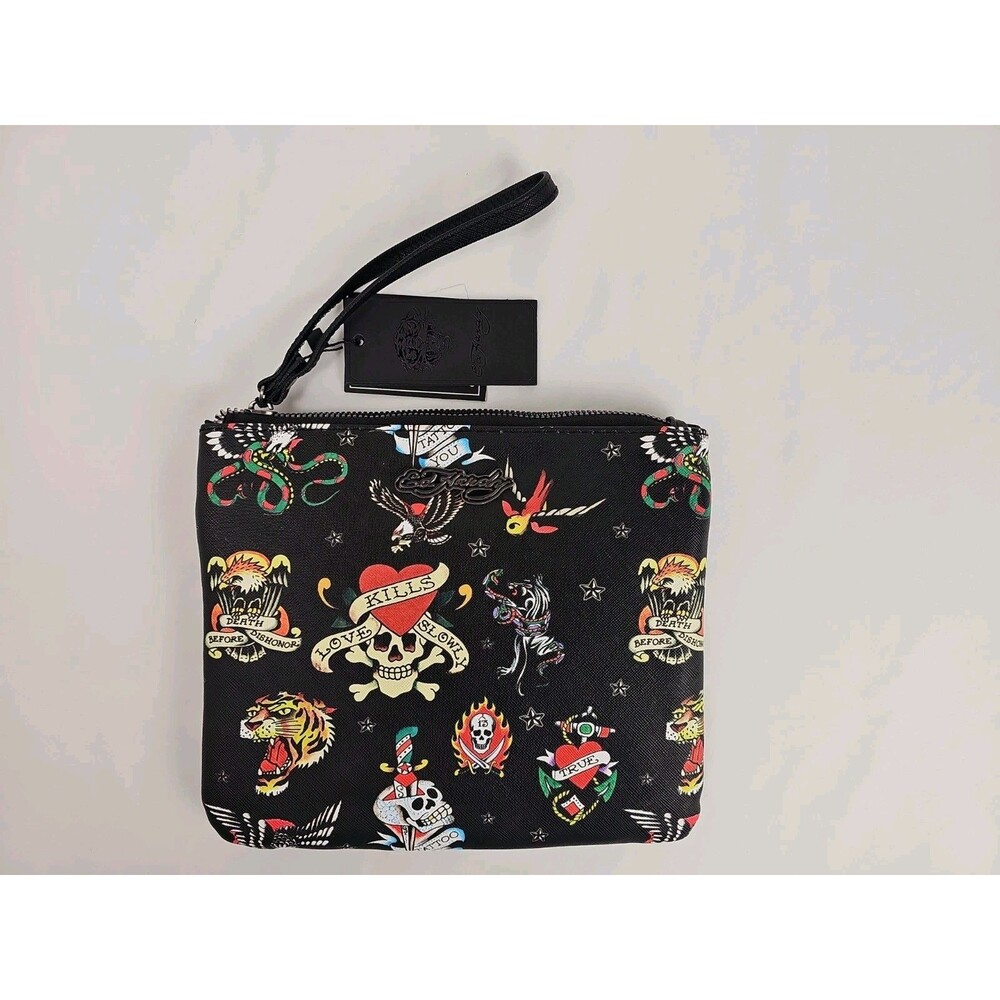Ed Hardy Love Kills Slowly Tattoo Wristlet Clutch Wallet Black NWT